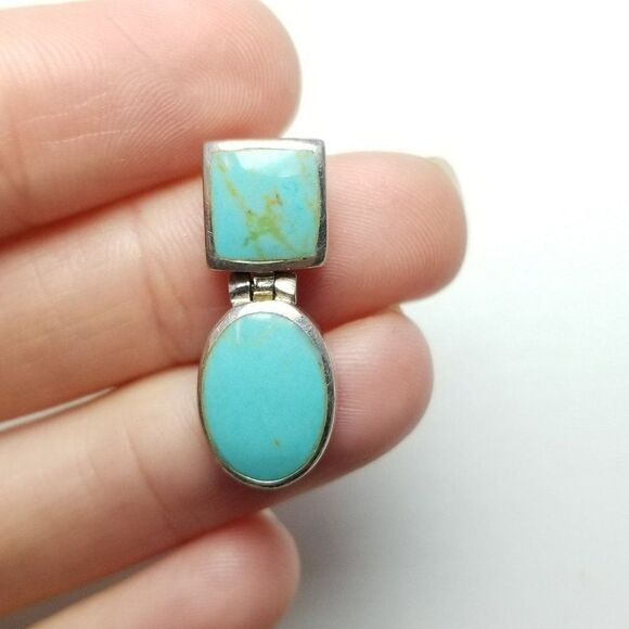 Vintage Sterling Silver Blue Turquoise Inlaid Stone Slide Pendant, Minimal - Picture 2 of 7